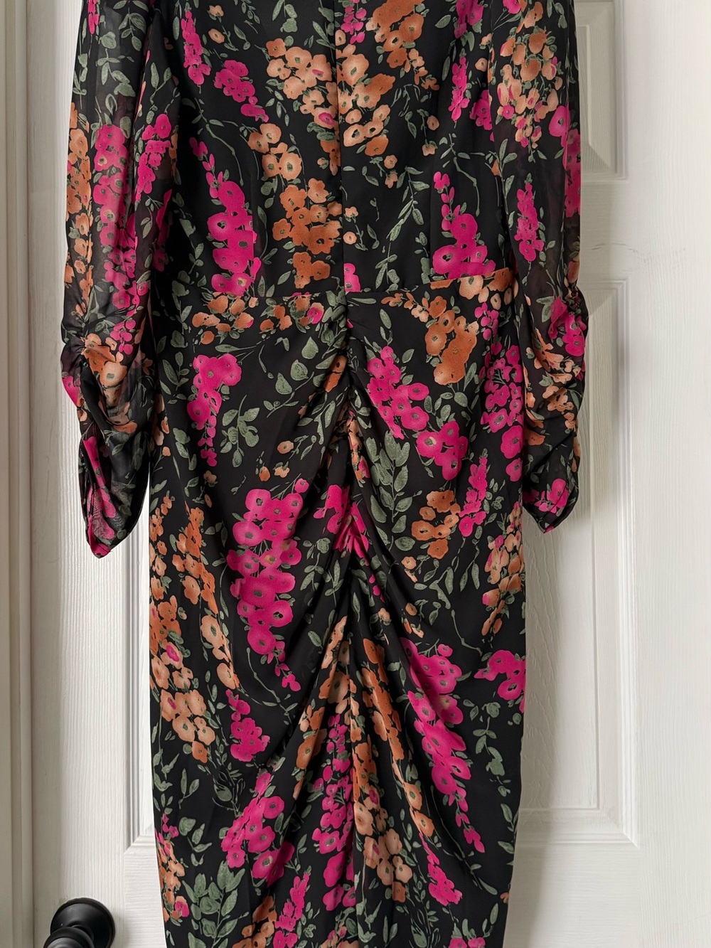 Astr Floral Ruched V-Neck Midi Dress - Black, Pink, Brown - Picture 7 of 8